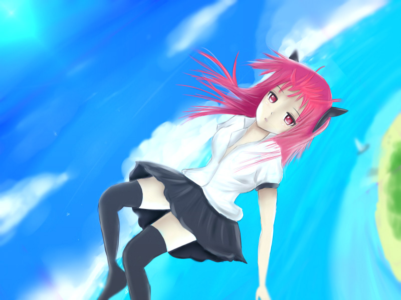 1girl, beach, black_legwear, falling, ghhoward, pink_hair, red_eyes