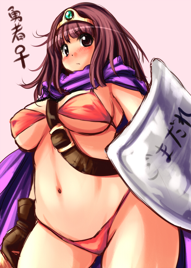 1girl, belly, belt, blush, breasts, brown_eyes, brown_hair, cleavage, erect_nipples, gloves, hair_ornament, hairband, kokumotsu, large_breasts, navel, pink_background, plump, pout, scarf, shield, simple_background, solo, swimsuit, text, under_boob, wide_hips