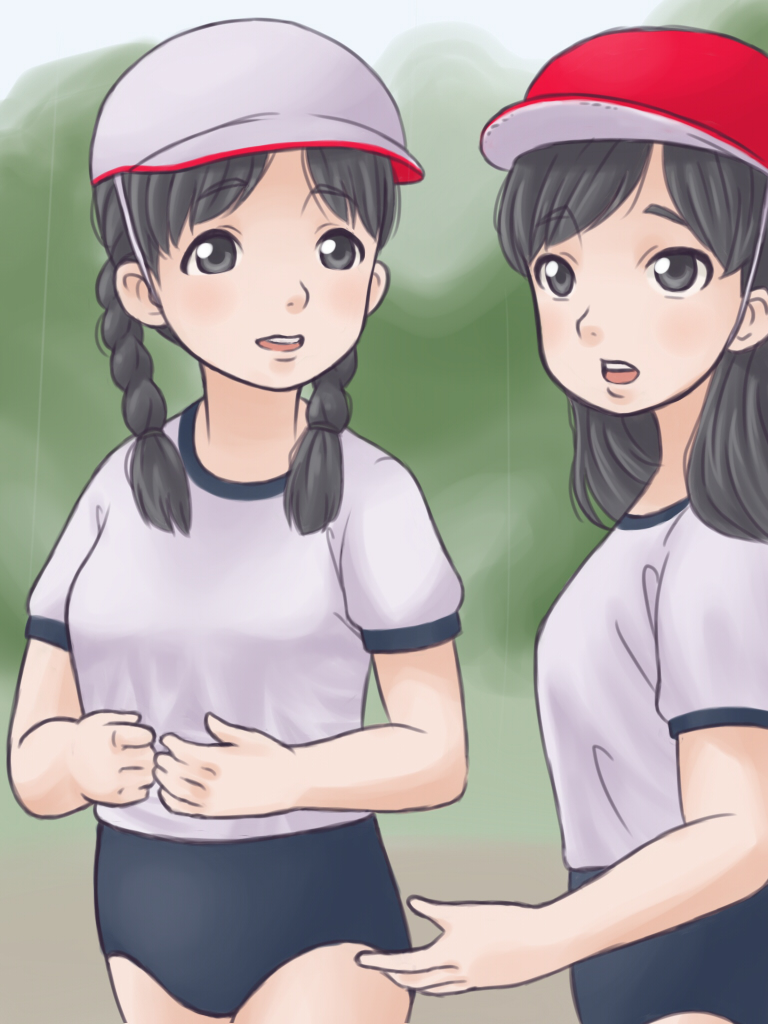 2girls, abcnoa, black_hair, blush, braid, buruma, female, hat
