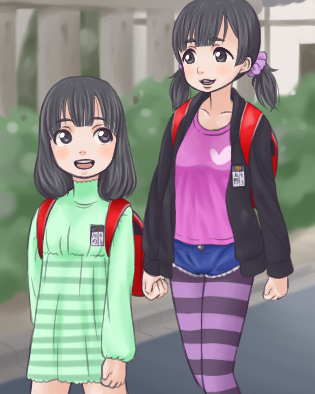 2girls, abcnoa, backpack, bag, black_hair, blush, female, multiple_girls
