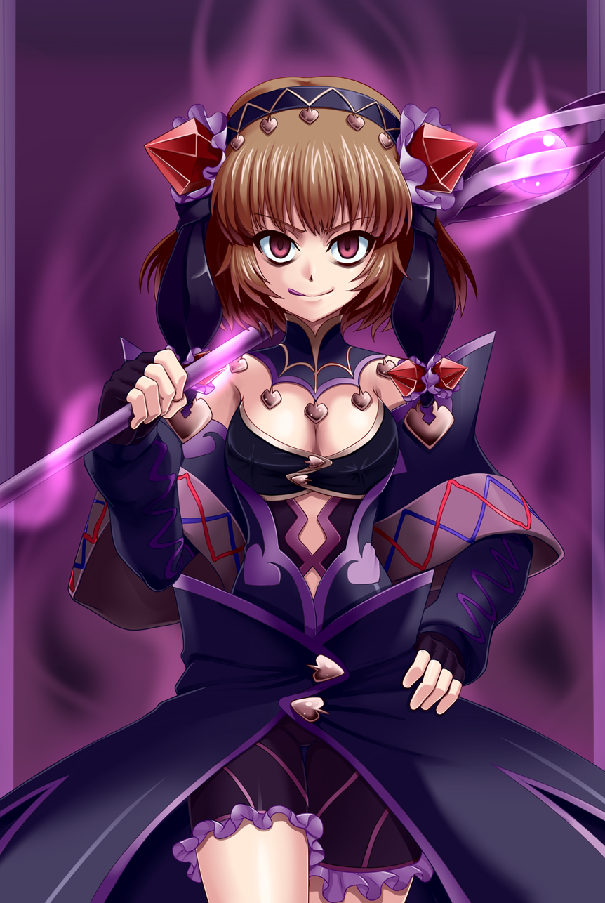 1girl, alternate_costume, aura, bad_end, bike_shorts, breasts, brown_hair, cleavage