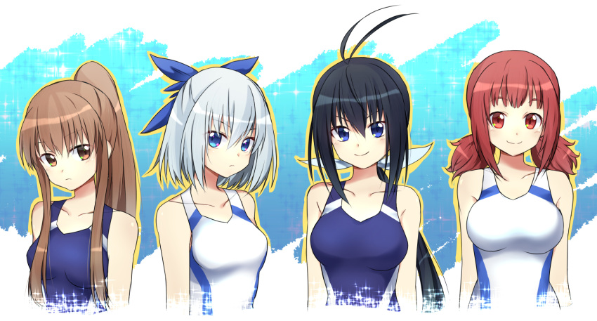 4girls, antenna_hair, aoba_kazane, black_hair, blue_eyes, breasts, brown_eyes, brown_hair
