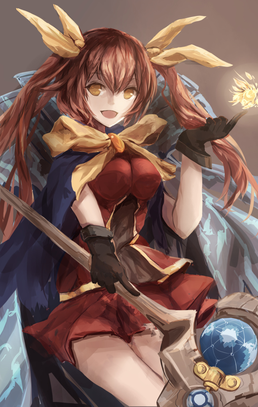 1girl, _trrcmb, black_gloves, bow, brown_eyes, brown_hair, cape, gloves