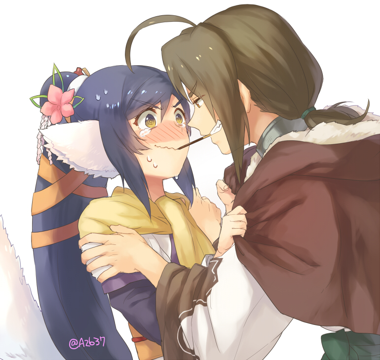 1boy, 1girl, ahoge, animal_ears, atsumu, blue_hair, blush, brown_hair