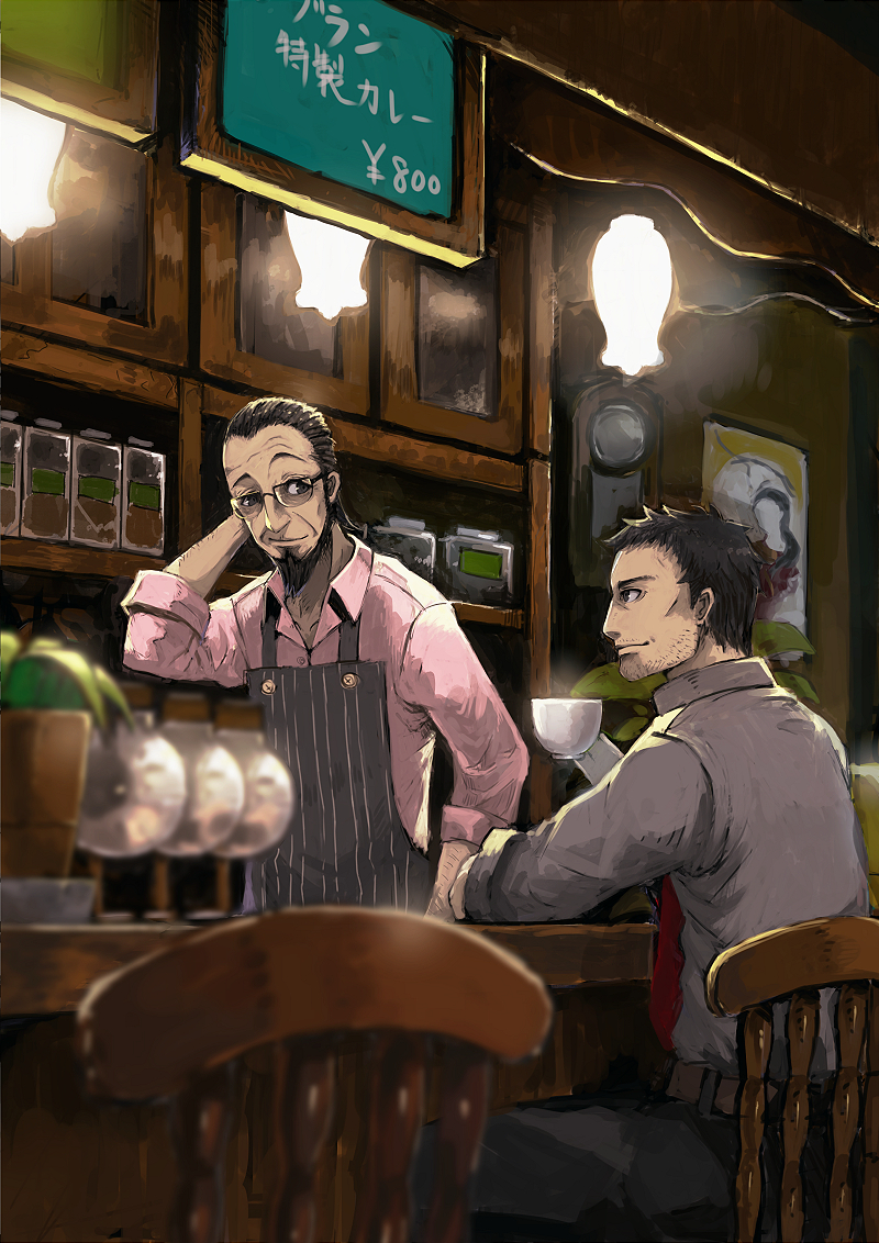 2boys, beard, black_apron, black_hair, blackball, cafe, doujima_ryoutarou, facial_hair