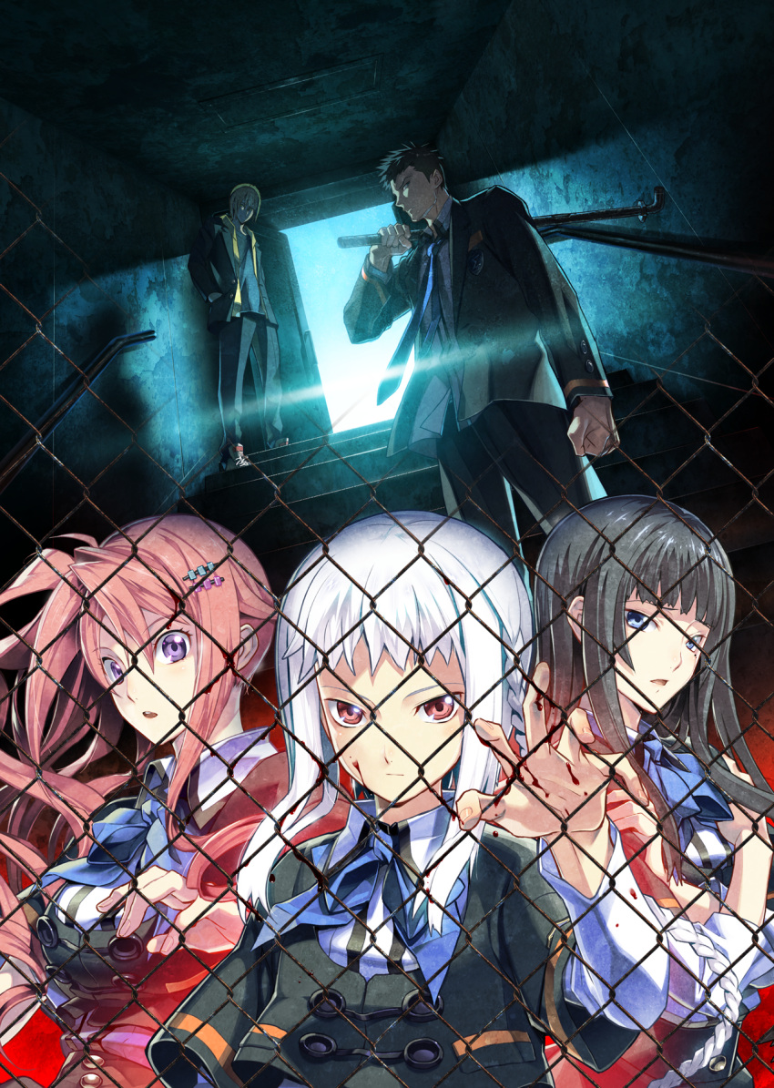 2boys, 3girls, :i, black_hair, blood, blood_on_face, bloody_hands, blue_bow