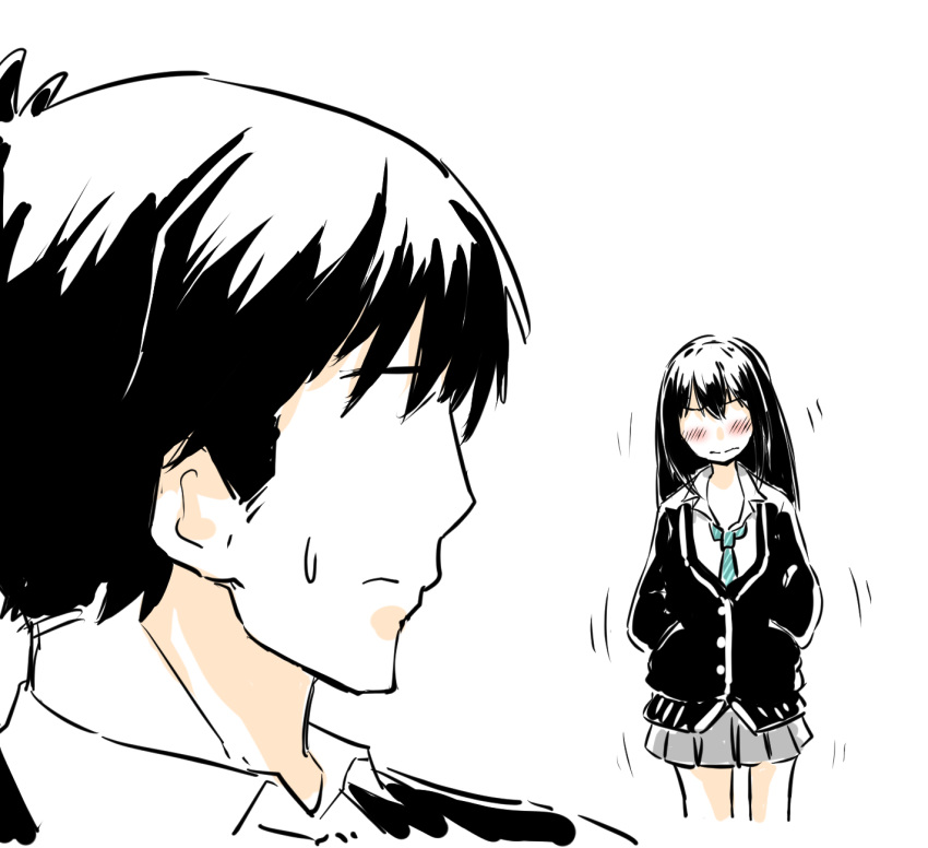 1boy, 1girl, blush, cardigan, comic, hands_in_pockets, highres, idolmaster