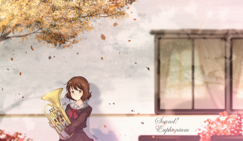 1girl, andch24, autumn_leaves, brown_eyes, brown_hair, brown_skirt, copyright_name, euphonium, hibike!_euphonium, highres, instrument, leaf, oumae_kumiko, pleated_skirt, scenery, school_uniform, serafuku, short_hair, skirt, window