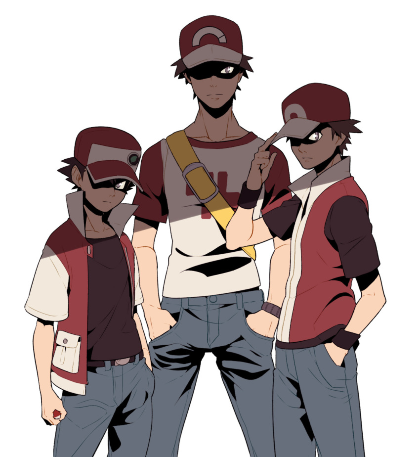 3boys, adjusting_clothes, adjusting_hat, age_progression, bag, baseball_cap, belt, brown_hair