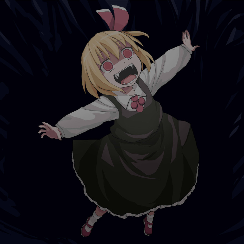 1girl, :d, ascot, black_skirt, blonde_hair, bow, dark, darkness