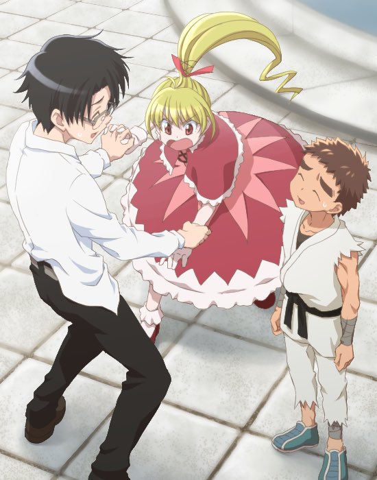 1girl, 2boys, belt, biscuit_krueger, black_hair, blonde_hair, brown_hair, closed_eyes, dougi, dress, dress_shirt, eyebrows, from_above, glasses, hair_ribbon, hunter_x_hunter, interlocked_fingers, multiple_boys, open_mouth, ponytail, red_eyes, ribbon, ripped, shawl, shirt, smile, sweatdrop, tan, teacher_and_student, thick_eyebrows, torn_clothes, untucked_shirt, wing_(hunter_x_hunter), yuriko_(yuriko_popo), zushi