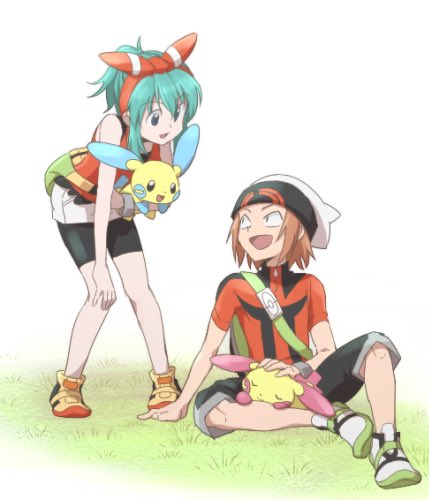 1boy, 1girl, backpack, bag, bare_shoulders, bike_shorts, blue_hair, brendan_(pokemon), brendan_(pokemon)_(cosplay), brown_hair, crossover, grass, hat, hunter_x_hunter, lap_pillow, leaning_forward, looking_at_another, lowres, may_(pokemon), may_(pokemon)_(cosplay), minun, petting, plusle, pokemon, pokemon_(creature), pokemon_(game), pokemon_oras, pokkle, ponzu, short_hair, sitting, sleeping, white_background, yuriko_(yuriko_popo)