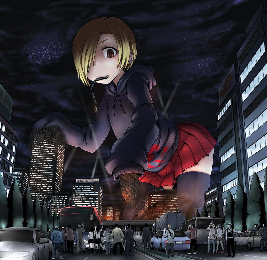 1girl, bags_under_eyes, bandai_namco, black_legwear, blonde_hair, brand_name_imitation, brown_eyes, building, bus, car, city, clouds, debris, destruction, ear_piercing, earrings, fire, from_below, giantess, ground_vehicle, hair_over_one_eye, highres, hood, hoodie, idolmaster, idolmaster_cinderella_girls, jewelry, motor_vehicle, mouth_hold, night, night_sky, people, piercing, road, searchlights, shirasaka_koume, short_hair, sky, sleeves_past_wrists, street, terada_ochiko, train, tree