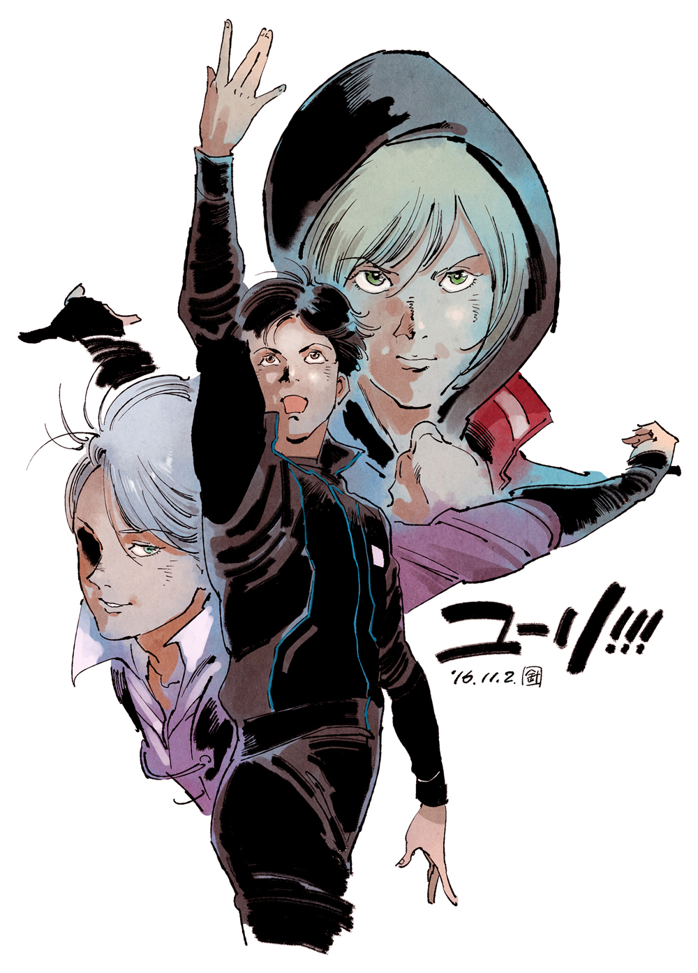 3boys, arm_up, black_hair, blonde_hair, blue_eyes, brown_eyes, copyright_name, dated