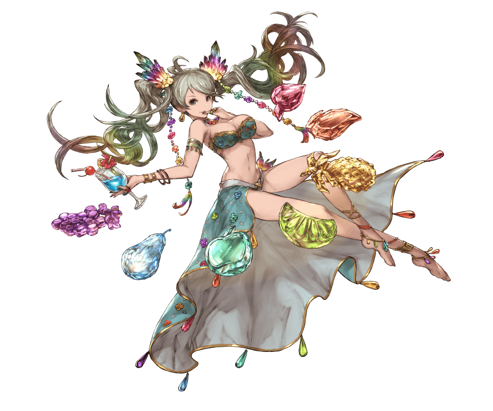 1girl, apple, apricot_(fruit), aqua_bikini, armlet, bikini, bracelet, breasts