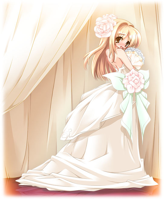 bare_shoulders, blonde_hair, bride, dress, flower, gown, long_hair, looking_back