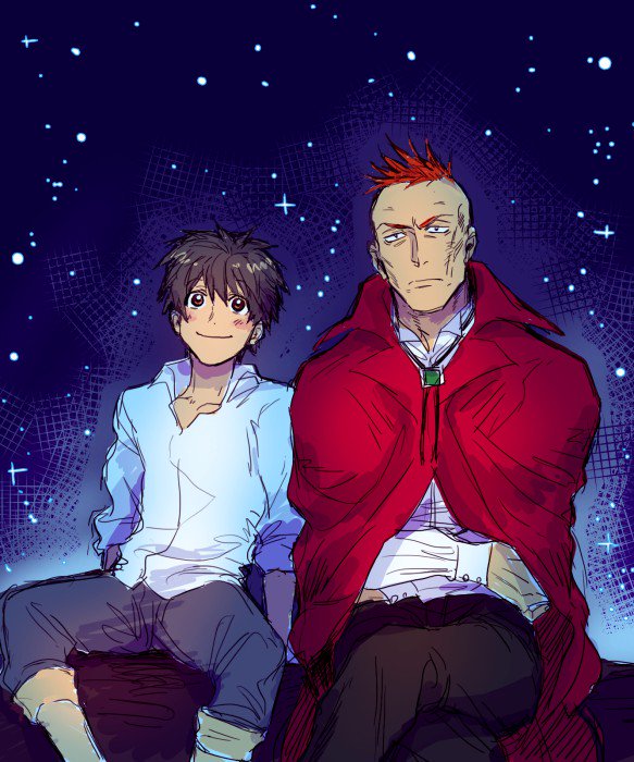 2boys, black_hair, brown_eyes, cape, crossed_arms, darren_shan, larten_crepsley, multiple_boys