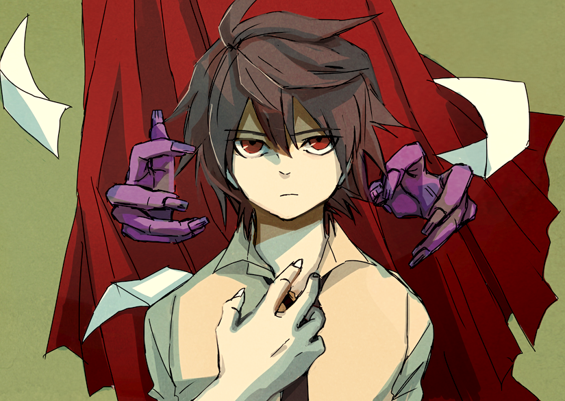 1boy, adjusting_clothes, black_hair, cape, darren_shan, expressionless, hyakkuri, necktie, outstretched_hand, red_eyes, short_hair, solo, the_saga_of_darren_shan, vampire