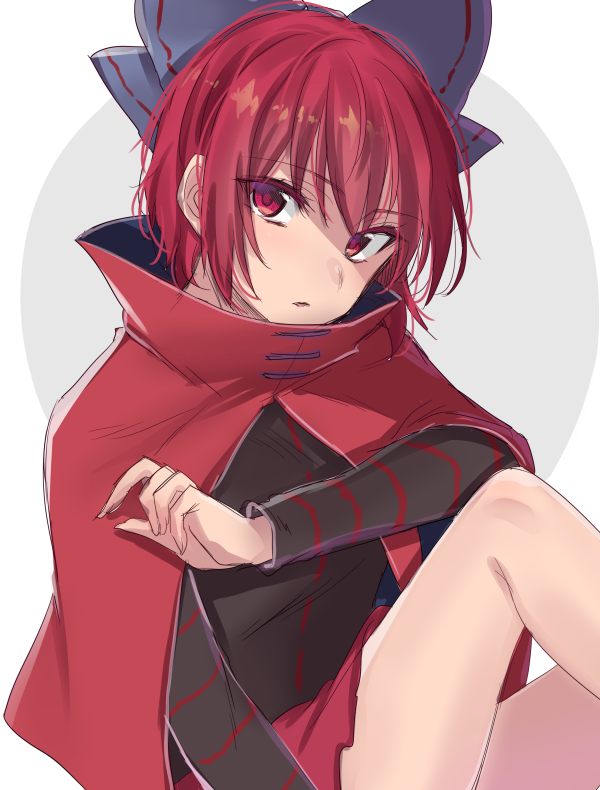 1girl, asa_(coco), black_shirt, blue_bow, blush, bow, cape, hair_bow