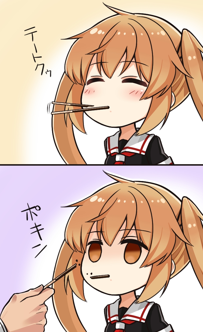 1boy, 1girl, 2koma, admiral_(kantai_collection), black_serafuku, blush, brown_eyes, brown_hair