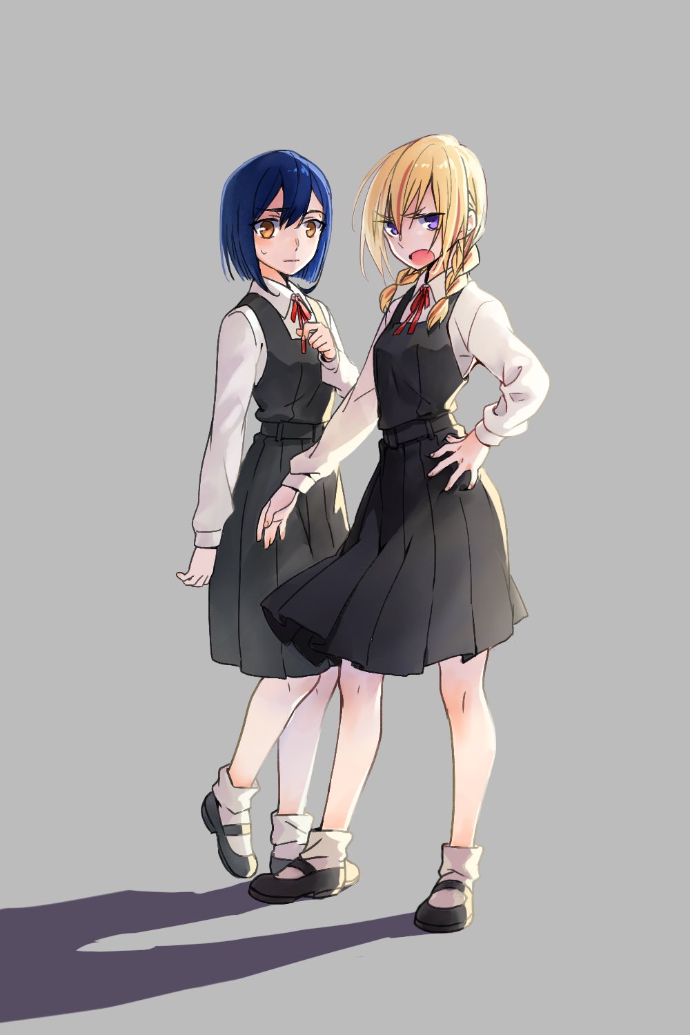 2girls, angry, blonde_hair, braid, brown_eyes, dress, flip_flappers, grey_background, highres, kokomine_cocona, mary_janes, multicolored_hair, multiple_girls, pinafore_dress, shadow, shiraichi3vd, shoes, short_hair, streaked_hair, sweatdrop, violet_eyes, yayaka
