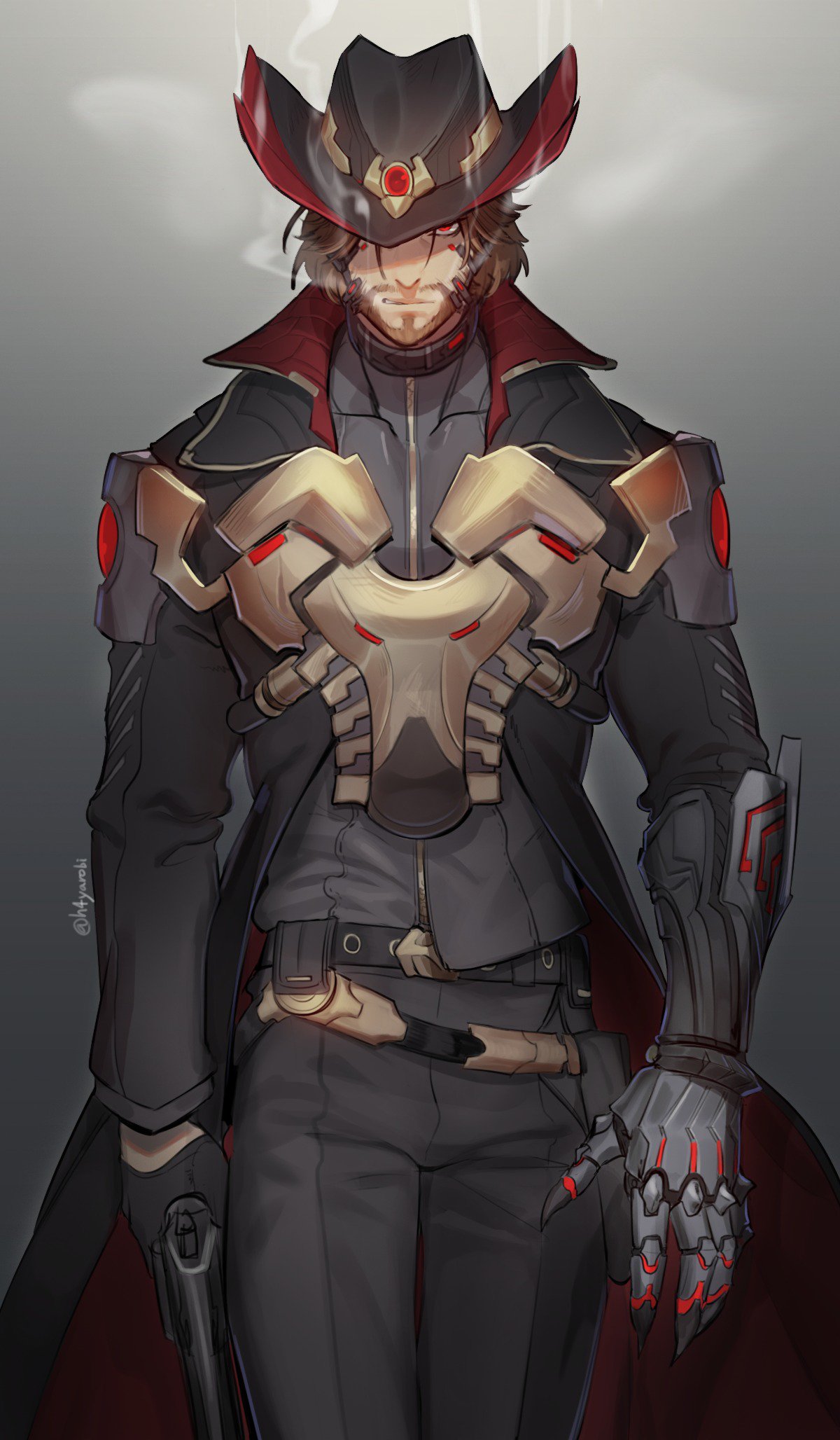 1boy, alternate_costume, ammunition, beard, belt, black_gloves, bodysuit, brown_hair, claws, coat, cowboy_shot, dark_persona, facial_hair, gloves, gradient, gradient_background, gun, h4yarobi, handgun, hat, high_collar, highres, holding, holding_gun, holding_weapon, holster, looking_at_viewer, male_focus, mccree_(overwatch), mechanical_hand, mustache, open_clothes, open_coat, overwatch, pants, pistol, red_eyes, revision, revolver, sheath, shirt, short_hair, solo, standing, twitter_username, weapon, zipper