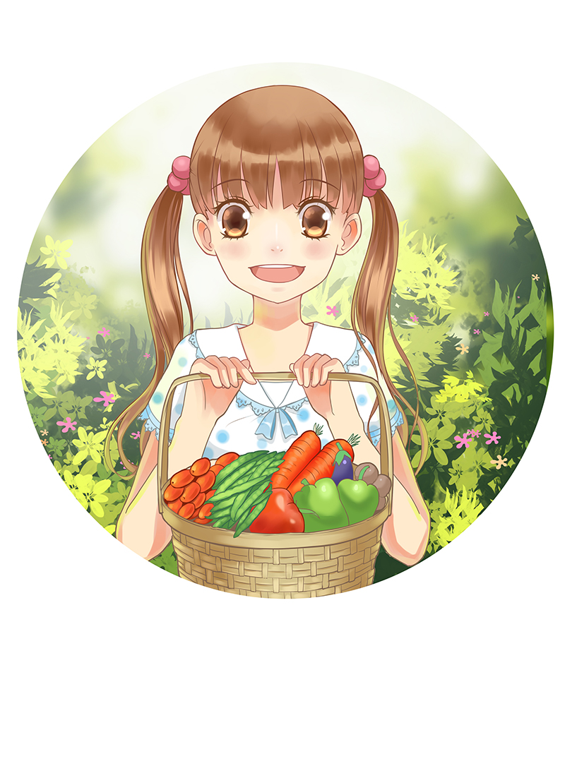 1girl, :d, basket, brown_eyes, brown_hair, carrot, eggplant, food