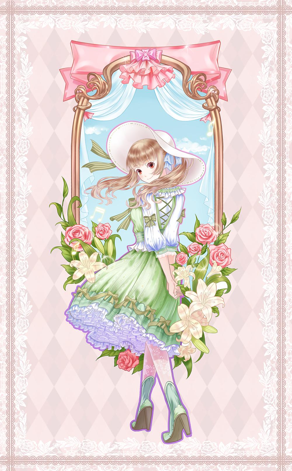 1girl, arms_behind_back, beamed_semiquavers, blue_sky, brown_hair, dress, flower, frilled_dress