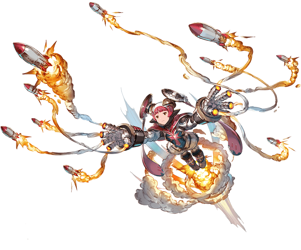 1girl, android, bangs, blunt_bangs, closed_mouth, expressionless, firing, flying, full_body, granblue_fantasy, long_hair, minaba_hideo, missile, official_art, orange_eyes, pink_hair, robomi_(granblue_fantasy), robot_joints, simple_background, solo, steam, transparent_background, twintails