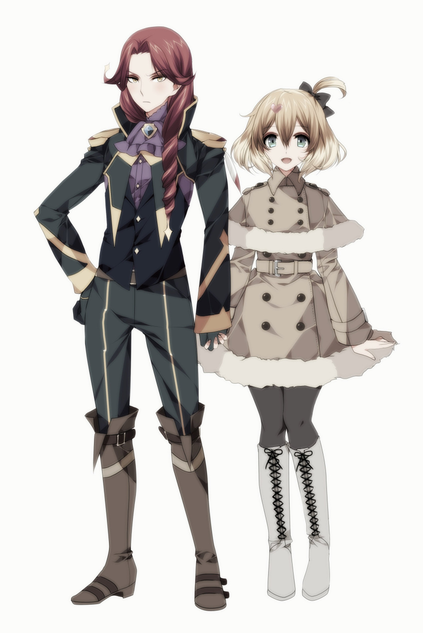 1boy, 1girl, absurdres, bogue_con-vaart, boots, cross-laced_footwear, freyja_wion, fur_trim