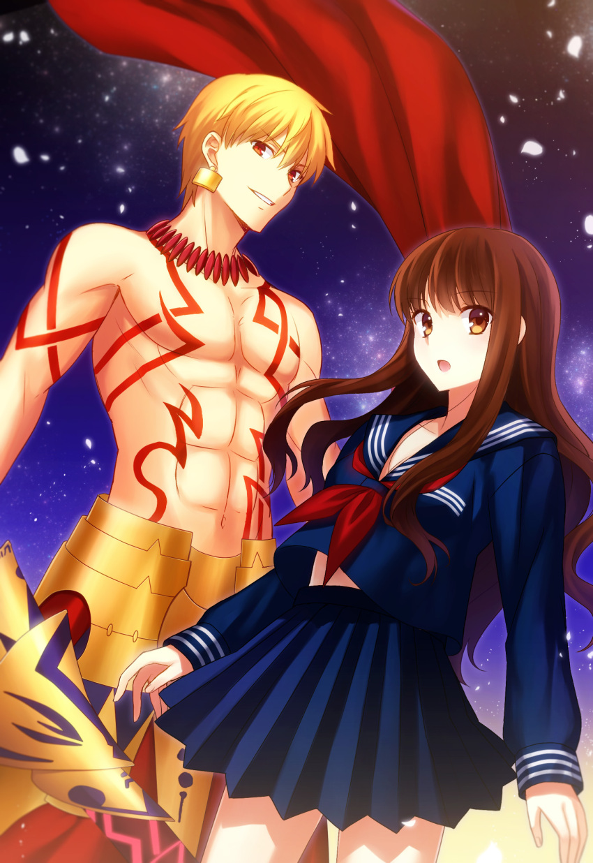 1boy, 1girl, armor, blonde_eyebrows, blonde_hair, blue_miniskirt, blue_shirt, blue_skirt