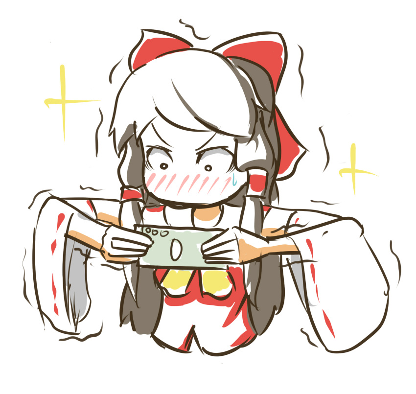 1girl, blush, dollar_bill, ecstasy, hakurei_reimu, highres, money, peroponesosu.