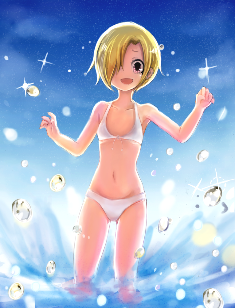 1girl, bikini, blonde_hair, hair_over_one_eye, idolmaster, idolmaster_cinderella_girls, red_eyes, shirasaka_koume
