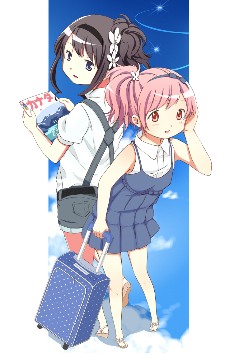2girls, akemi_homura, alternate_hairstyle, black_hair, blue_dress, blue_eyes, dress, dress_shirt, hair_up, hairband, kaname_madoka, looking_at_viewer, luggage, mahou_shoujo_madoka_magica, multiple_girls, neko_kai, open_mouth, pink_eyes, pink_hair, ponytail, sandals, shirt, short_shorts, shorts, sleeveless, sleeveless_shirt, smile, suspenders