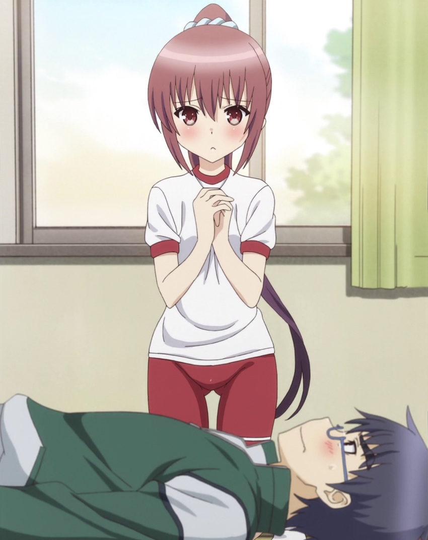 1boy, 1girl, :<, akamatsu_yuuki, bike_shorts, black_eyes, black_hair, blush