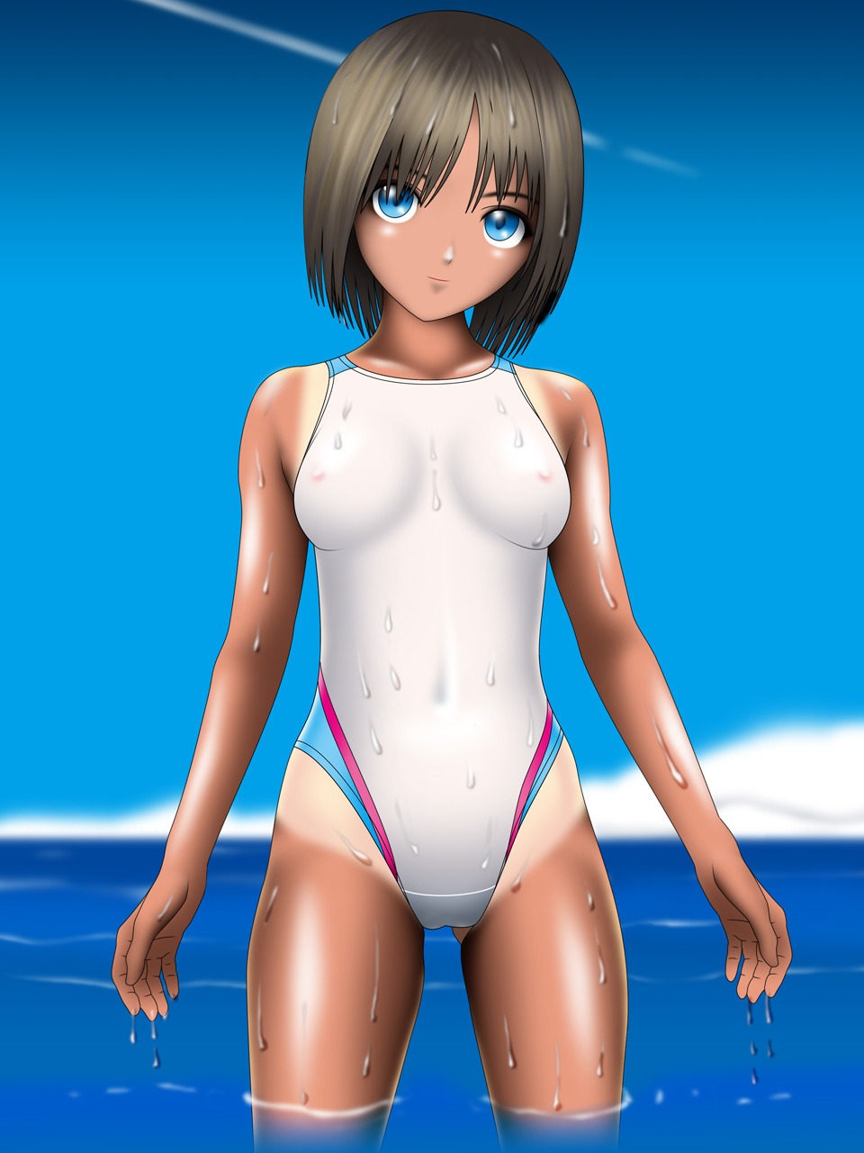 1girl, bangs, black_hair, blue_eyes, breasts, competition_swimsuit, covered_navel, cowboy_shot