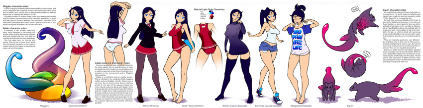 1girl, aitako, alternate_costume, alternate_hairstyle, alternate_legwear, ass, bangs, barefoot, black_hair, blue_eyes, breasts, casual, character_sheet, color_guide, competition_swimsuit, denim, denim_shorts, dress, english, highres, ian_chase, loafers, long_hair, long_legs, monster, naked_shirt, necktie, no_panties, one-piece_swimsuit, original, panties, pantyhose, parted_bangs, pleated_skirt, ponytail, school_uniform, schoolgirls_love_tentacles, shirt, shoes, shorts, skirt, small_breasts, sneakers, solo_focus, spaghetti_strap, sweater, sweater_dress, swimsuit, t-shirt, tank_top, thigh-highs, turtleneck, twintails, underwear, waking_up, wiggles