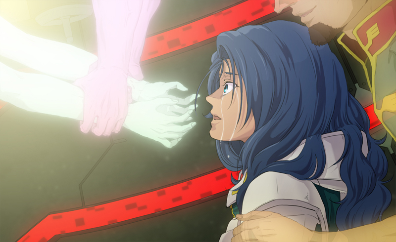 1girl, blue_eyes, blue_hair, crying, dark_skin, flower_(hanamuratomoko), gundam, gundam_unicorn