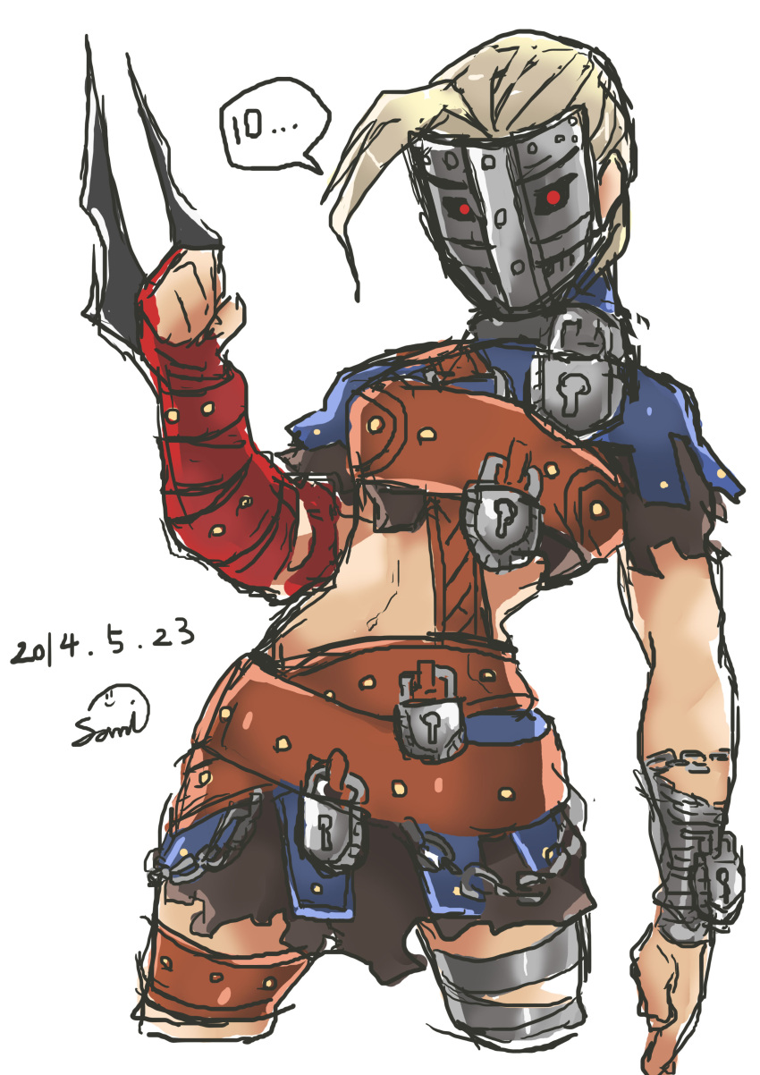 1girl, absurdres, ahoge, alternate_costume, arm_blade, asymmetrical_clothes, blonde_hair, chains