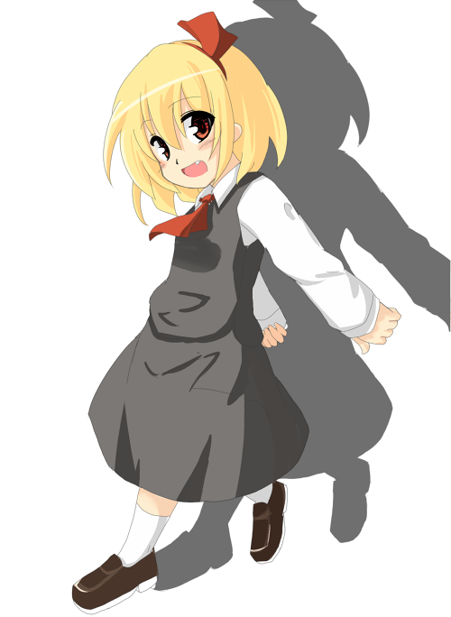 1girl, :d, ascot, blonde_hair, blouse, fang, hair_ribbon, kibisake