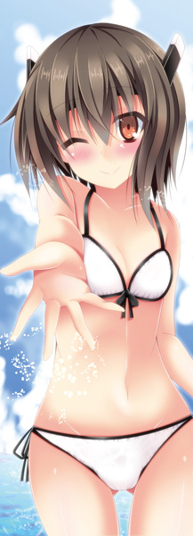 1girl, bikini, breasts, brown_eyes, brown_hair, cleavage, kantai_collection, narumi_yuu_(imitmoon)