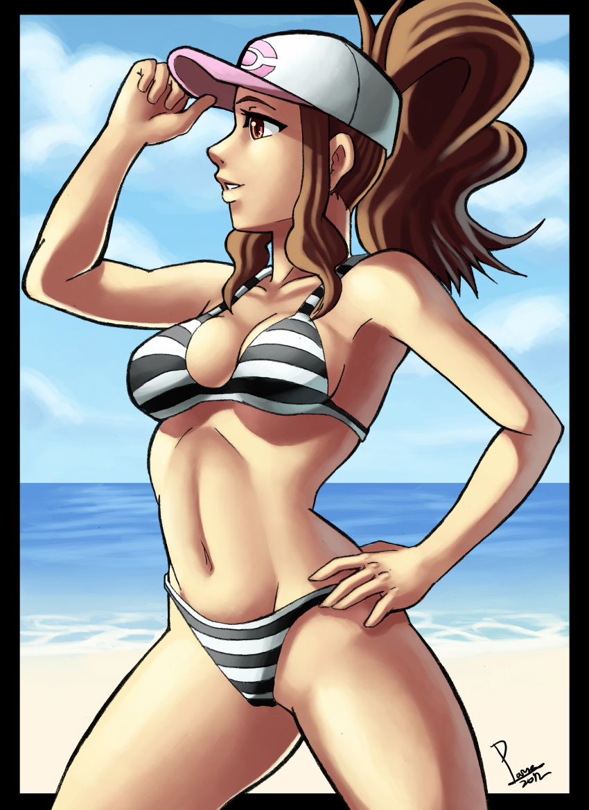 10s, 1girl, absurdres, andre_parcesepe, baseball_cap, bikini, blue_eyes, breasts