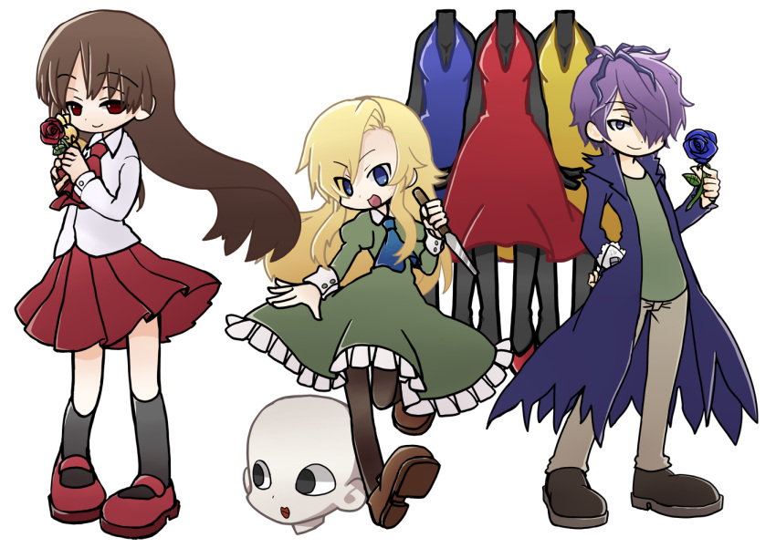 1boy, 2girls, blonde_hair, blue_rose, brown_hair, dress, flower, garry_(ib)