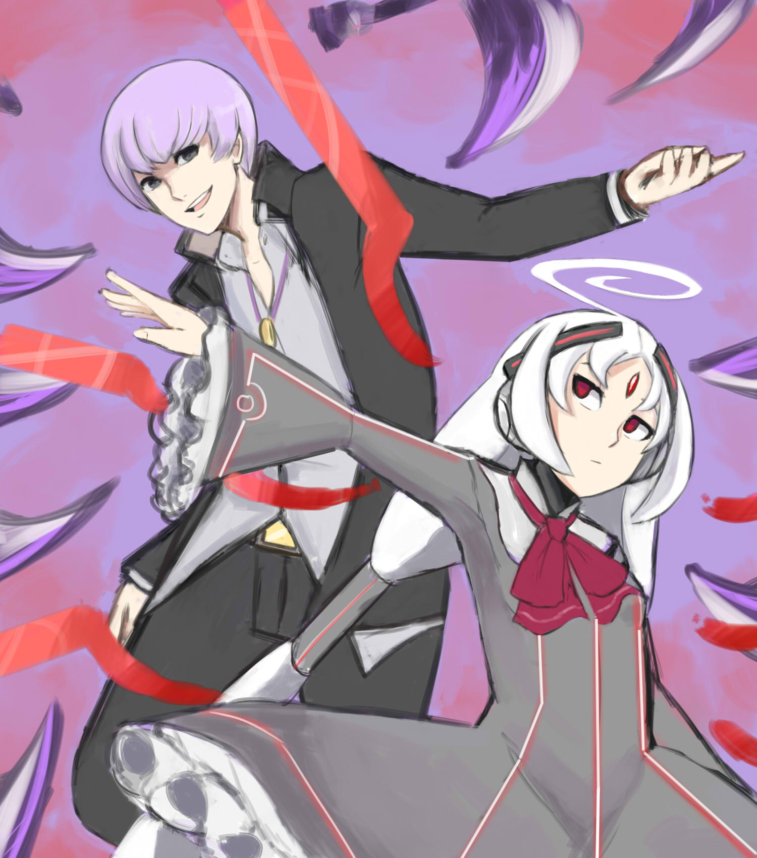 1boy, 1girl, ahoge, byakuya_(under_night_in-birth), flat_chest, gakuran, gothic_lolita, grey_hair