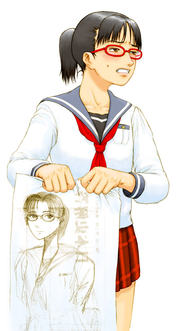 1girl, black_hair, blush, clenched_teeth, commentary_request, glasses, original, ponytail