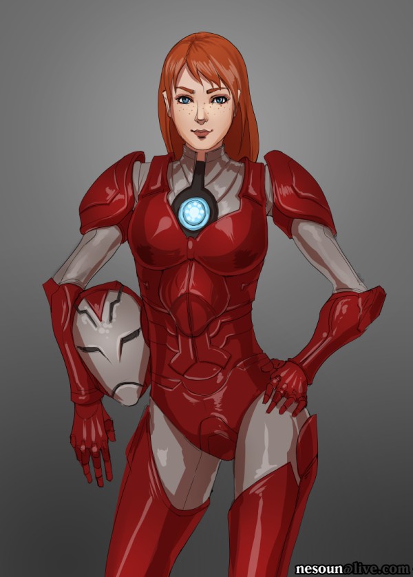1girl, armor, blue_eyes, breasts, female, freckles, gradient, gradient_background, hand_on_hip, headwear_removed, helmet, helmet_removed, iron_man_(comics), lips, long_hair, nesoun, pepper_potts, redhead, rescue_(iron_man), smile, solo