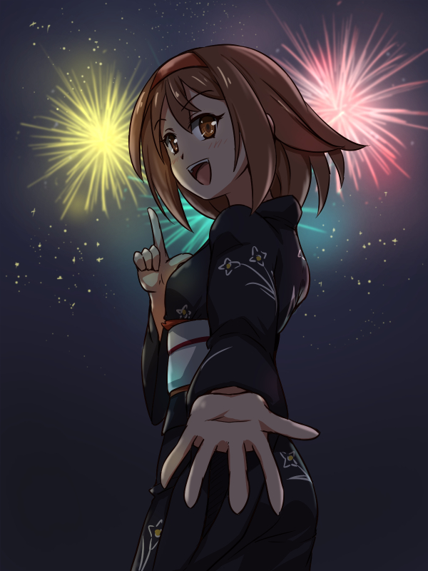 1girl, :d, brown_eyes, brown_hair, fireworks, hairband, japanese_clothes, kakiha_makoto