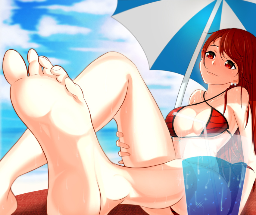 1girl, 2692hd, barefoot, bikini, breasts, cleavage, drink, earrings, feet, glass, jewelry, long_hair, ocean, original, pov_feet, red_eyes, redhead, sky, smile, soles, solo, swimsuit, toes, umbrella, wet