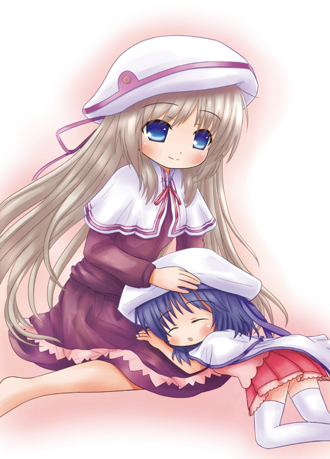 2girls, blonde_hair, blue_eyes, brown_hair, cape, hand_on_another's_head, hat, kotonoha_(pixiv), kud_wafter, little_busters!!, long_hair, mother_and_daughter, multiple_girls, naoe_kaya, noumi_kudryavka, sleeping, sleeping_on_person