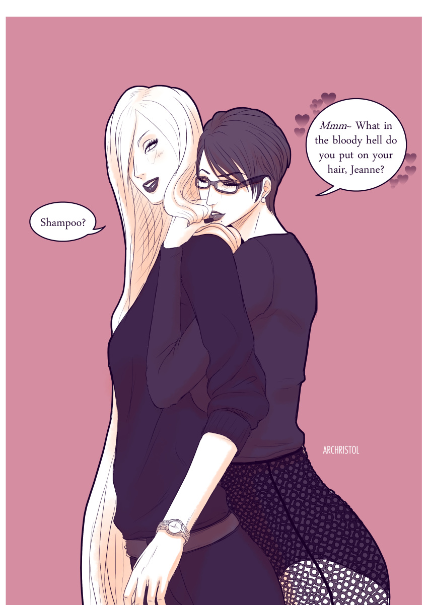 2girls, absurdres, alternate_hair_length, alternate_hairstyle, archristol, bayonetta, bayonetta_(character), bayonetta_2